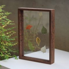 a wooden frame with leaves in it on a table next to a potted plant