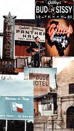 a collage of old signs and buildings