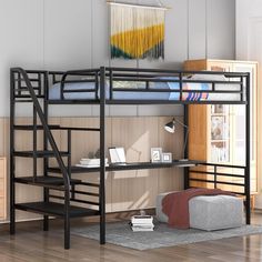 a loft bed with stairs and desk underneath it in a room that has hardwood floors