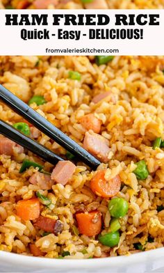 ham fried rice in a white bowl with chopsticks sticking out of the top