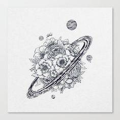 a drawing of the planets with flowers on it and an object in the sky above