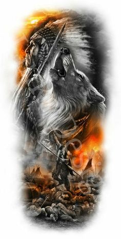 Tattoo Indien, Magic Tattoos, Lup Singuratic, Native American Tattoo Designs, Indian Tattoo Design, Warrior Tattoo Sleeve, American Indian Tattoos, Native American Tattoo, Wolf Tattoo Sleeve