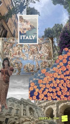 the collage shows images of buildings, flowers and people in different places around them