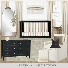 a baby's nursery with white furniture and neutral colors, including a black crib