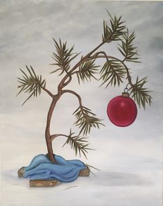 a painting of a tree with a red ornament hanging from it's branch