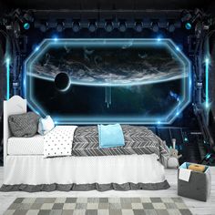 an image of a bedroom scene with space and earth in the back ground wall mural