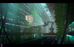 a sci - fi environment with green plants and trees in the foreground, surrounded by neon lights