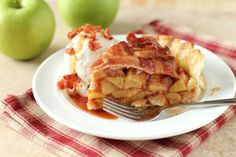 a white plate topped with apple pie and ice cream