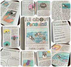 an open book with pictures of penguins and other animals on it, all about penguins