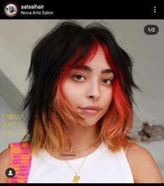 Color Melt Money Piece, Colored Shag Haircut, Color Block Medium Hair, Peekaboo Hair Color Shag, Vivid Shag Hair, Shag With Color, Colorful Shag Hair, Color Block Hair With Bangs, Color Block Hair Brunette