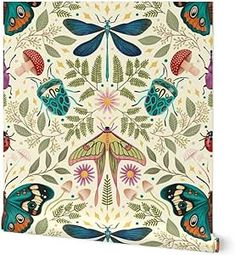 an intricately designed wallpaper with dragonflies and flowers on it's side