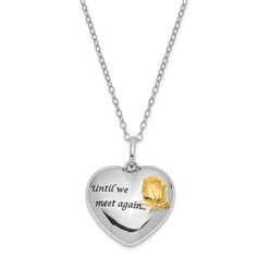 Remember and honor a cherish loved one forever with a keepsake vessel that can be filled with dried flowers, a lock of hair, cremated remains or any small reminder of the one you have lost. Designed from tarnish resistant rhodium and gold tone plated sterling silver, this memorial heart pendant is approximately 25mm (1 inch) in width by 25mm (1 inch) in length. It features a 3D and embossed design with antiqued lettering, a polished back with a screw opening, and a 1.8mm width, 18 inch long cabl Until We Meet Again, Cremated Remains, Lock Of Hair, Solitaire Diamond Pendant, Let You Go, Bow Jewelry, Heart Pendant Diamond, Disc Pendant, Jewelry Sterling Silver