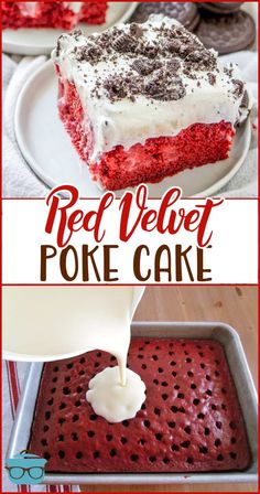 red velvet poke cake with white frosting being drizzled on top and in the middle