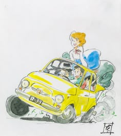 a drawing of two people in a yellow car