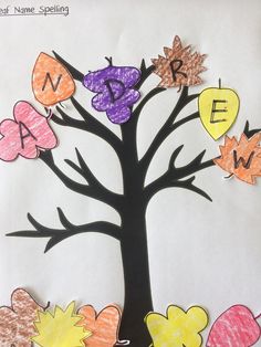 a tree with leaves and letters on it