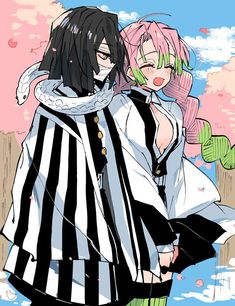 two anime characters one with pink hair and the other black and white striped shirt, standing next to each other