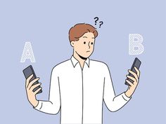 a man holding two cell phones with question marks above his head, and another person looking at them