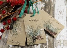 three tags with pine cones and berries on them