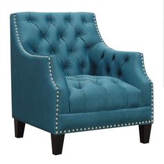 a teal chair with studded trimmings on the arms and back, against a white background