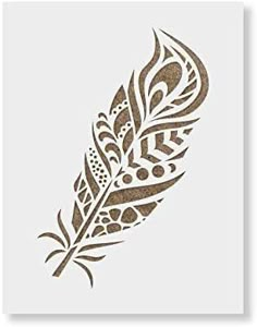 a white paper with a brown feather on it