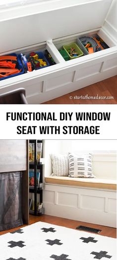 an organized window seat with storage in it and the words functional diy window seat with storage