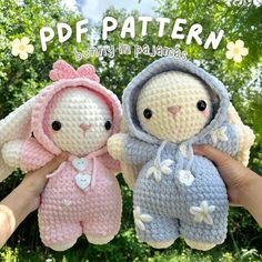 two crocheted stuffed animals are shown in front of some trees and bushes with the words, pdf pattern bunny in pajamas