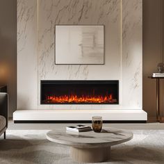 a modern living room with a fireplace in the center