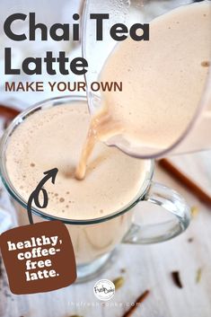 a glass pitcher filled with milk being poured into it's cup and the words chai tea latte make your own