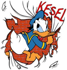 a cartoon donald duck breaking through a brick wall with the word kessel on it