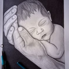 a drawing of a baby being held by someone's hand with the other hand