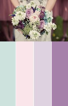 the bridesmaids are holding their bouquets in purple and blue tones, with white flowers