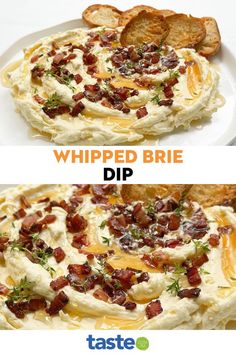 two different types of food on plates with the words whipped brie dip