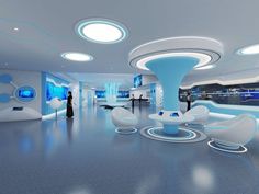 an artistic rendering of a futuristic office with blue and white decor, including round lights