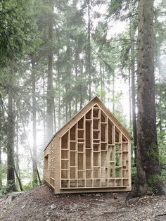 an image of a house made out of wood in the middle of some trees and grass