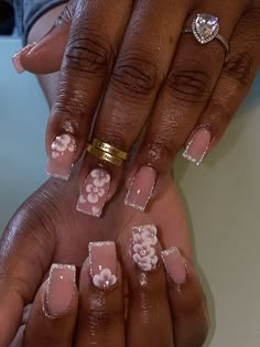 Pink And White Nails Flowers, Shorties Design Nails, Birthday Nail Designs Short Square, Nail Designs Hawaiian Flowers, Short Nail Bling Designs, Short Nails Acrylic Flowers, Short Square Spring Nail Designs, Glitter And Flower Nails, Biab Designs Ideas Short