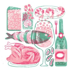 a drawing of food and wine on a white background with pink, green and blue colors