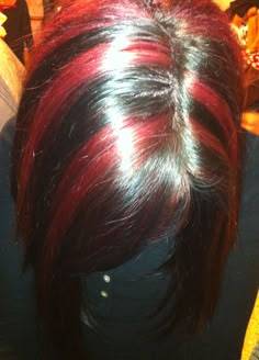 Chunky Red Hair Highlights, Red Hair With Black Chunky Highlights, Red Chunky Highlights With Bangs, Red Chunky Highlights Short Hair, 2000s Chunky Highlights Red, Brown Hair With Chunky Red Highlights, Black Hair Red Chunky Highlights, Red Hair And Black Highlights