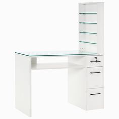 a white desk with glass shelves and drawers