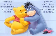 two winnie the pooh characters hugging each other in front of a blue tiled wall