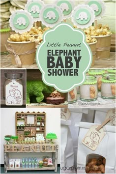 an elephant baby shower is shown in green and white