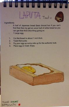 a piece of bread with an egg in it on top of a notepad that says laputa test