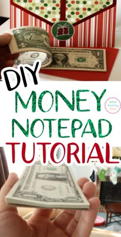 someone is holding money in their hand with the words diy money notepad