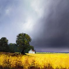 a painting of a field with a house in the distance and storm clouds above it