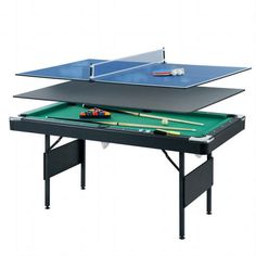 a ping pong table with two tables and pool balls on the top, in front of a white background