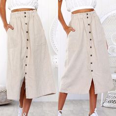 SOLID COLOR HIGH WAIST SKIRT Non-stretch Cotton Skirt For Vacation, High-waisted Buttoned Maxi Skirt For Summer, High Waist Buttoned Maxi Skirt For Summer, High-waist Maxi Skirt With Buttons For Summer, Non-stretch Buttoned Skirt For Spring, Spring Non-stretch Buttoned Skirt, Spring Non-stretch Skirt With Buttons, Buttoned Maxi Skirt For Spring, Spring Buttoned Maxi Skirt