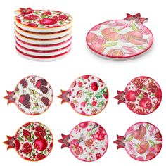 a set of six plates with fruit designs on them