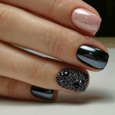 Black associated with power, strength, mystery, elegance, and sophistication, black is the darkest color. When you want to be elegant, you can't go wrong with wearing black. And that applies to more than just your dress. If you want to try something new, why not opt for gel black nails matte black nails? This design lo Cuticle Sparkle Nails, Acrylic Manicure Ideas, Short Coffin Black Nails Designs, Gel Nails Ideas Black Women, Purplish Grey Nails, Black And Glitter Nails Short, Black Nails Shellac, Short Nail Designs Gel Simple Art Ideas, Black Shellac Nails Short