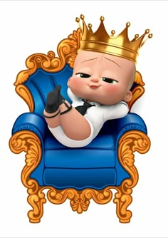 a baby sitting on top of a blue chair with a gold crown on it's head