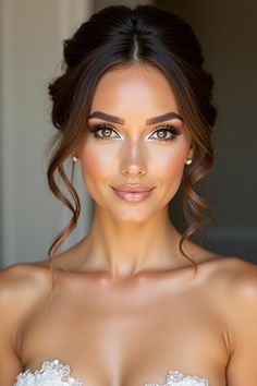 a beautiful woman in a white dress posing for the camera with her hair pulled back