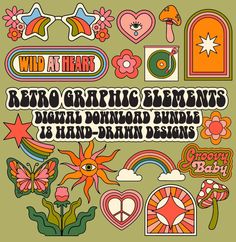 the retro graphic elements bundle is displayed on a green background with pink and orange flowers